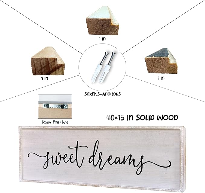 Surfapans Sweet Dreams Wall Decor Above Bed 40"x15" ofr Master Bedroom Guest Room Wood Rustic Framed Wall Art Sign (White)