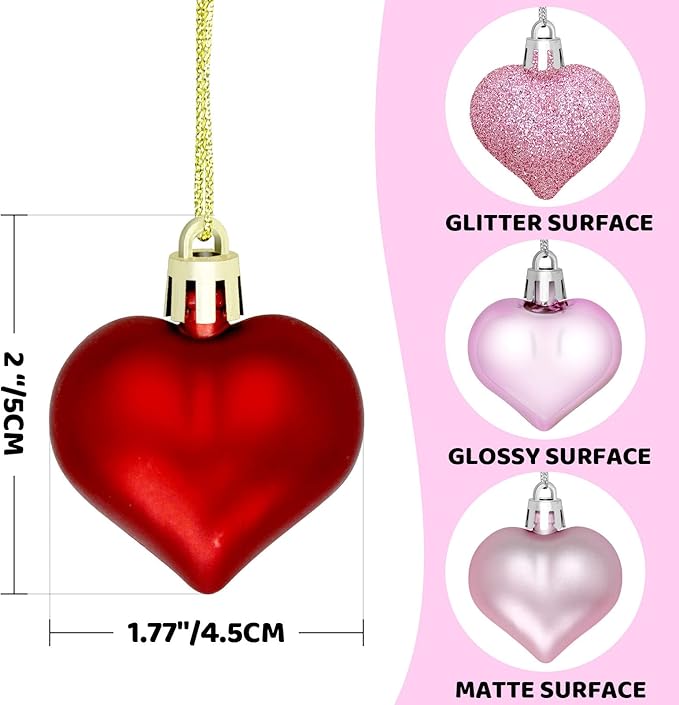 GP Life 36PCS Heart Ornaments for Valentine Tree, Hanging Decorations Included Pink White Red Heart Ornament