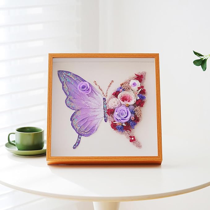 ADDWel Preserved Rose Butterfly Shadow Box - Romantic Valentine's Day Gifts for Mom Wife Girlfriend, 12x12 Handmade Forever Flower Wall Art, Unique Anniversary Birthday Purple Gifts