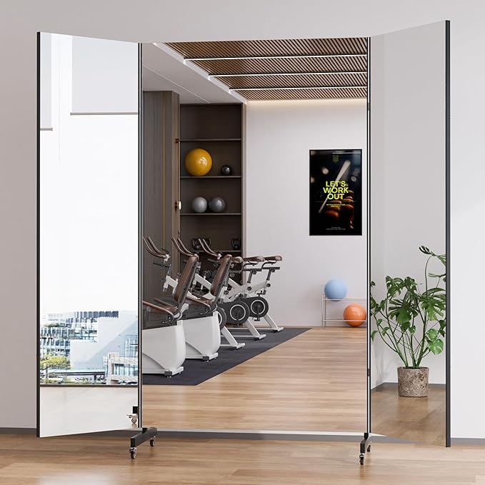 Full Length Stand Up Mirror on Wheels,79''×67'',Large Tri-Fold Floor Mirror with Stand,Movable 3-Way Full Length Standing Mirror for Gym, Dance Studio, Fitness Room, and Home (Black)