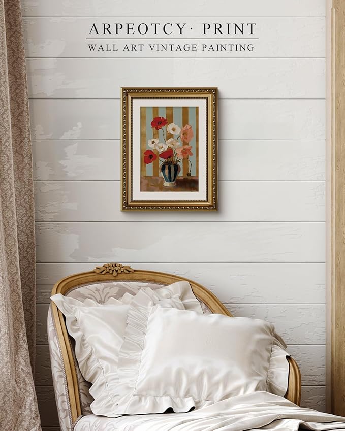 ARPEOTCY Vintage Gold Framed Wall Art for Living Room, 11x14 Inch Red Poppy Flower Wall Art, Floral Oil Painting Print, Classic Still Life Canvas Picture for Bedroom, Bathroom, or Entryway Home Decor
