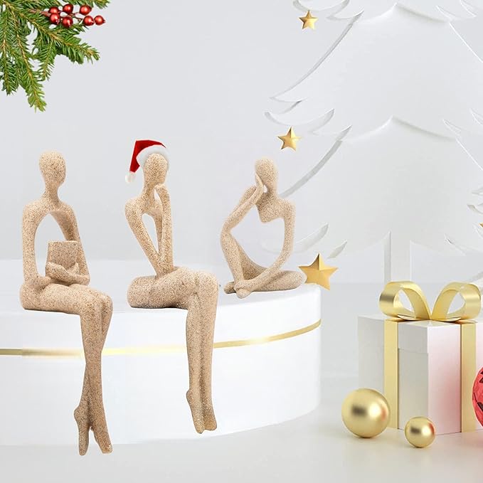 Gold Home Decor Thinker Statue Accents, Set of 3 Thinker Sculptures Office Decor Modern Abstract Resin Decoration on Shelf Table Desk for Living Room Office Bedroom (Large Sandstone)