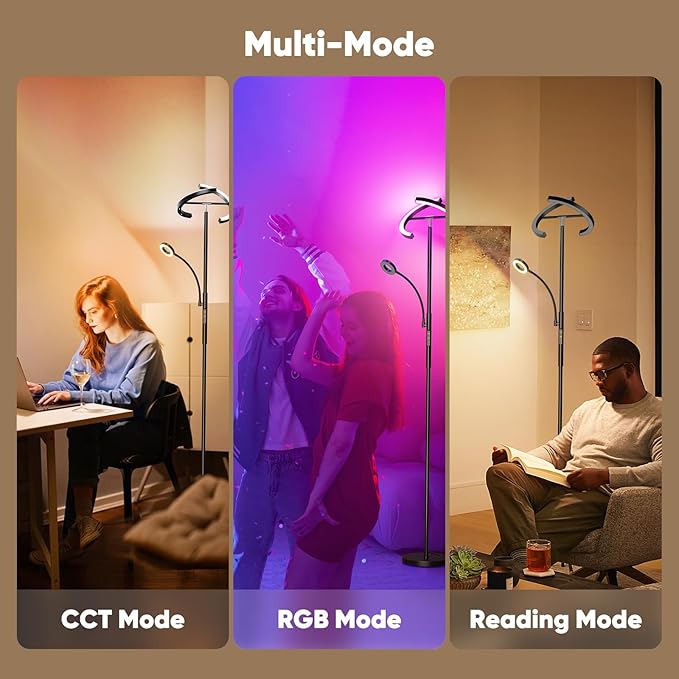 Upgraded 36W RGBCW Floor Lamp with Ring Reading Lamp, Rotatable Remote Control LED Standing Lamp Dimmable Floor Light Modern Standing Light for Living Room Bedroom Home Office, Black