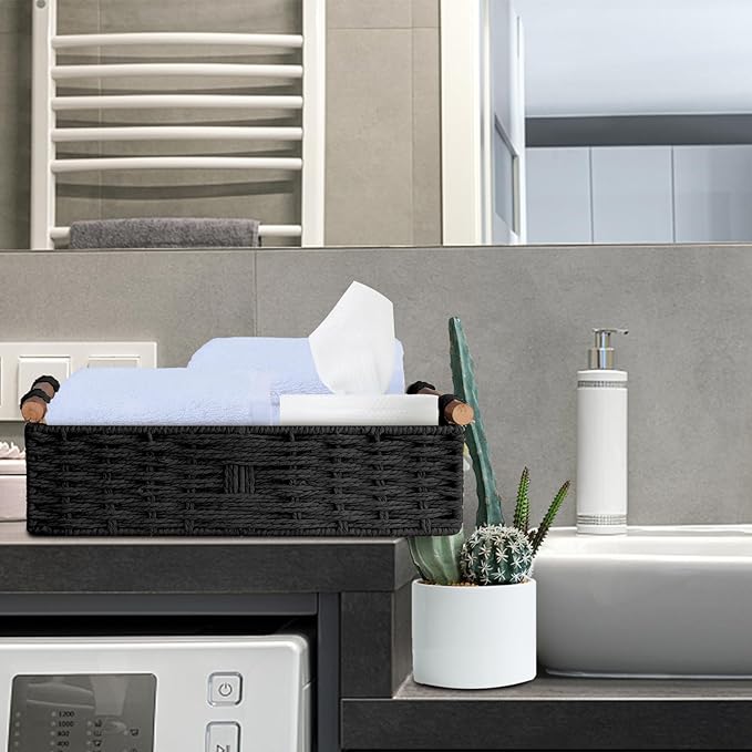 Round Paper Rope Storage Basket Wicker Baskets for Organizing with Handle Decorative Storage Bins for Countertop Toilet Paper Basket for Toilet Tank Top Small Baskets Set,Black
