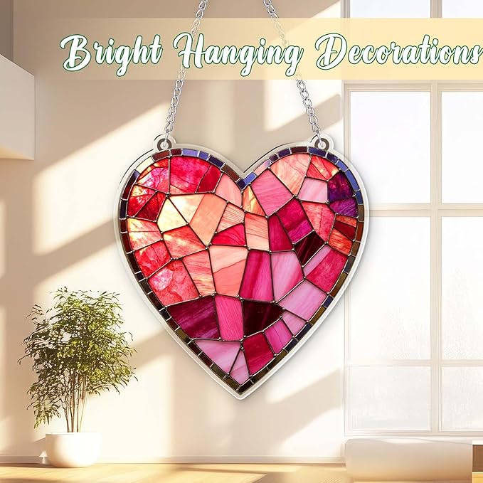 Acrylic Heart Gifts for Women Lovers Pink Valentine's Day Stained Glass Design Hanging Ornaments, Ornaments for Home Window & Car Decor, Sun Catcher for Home Decor