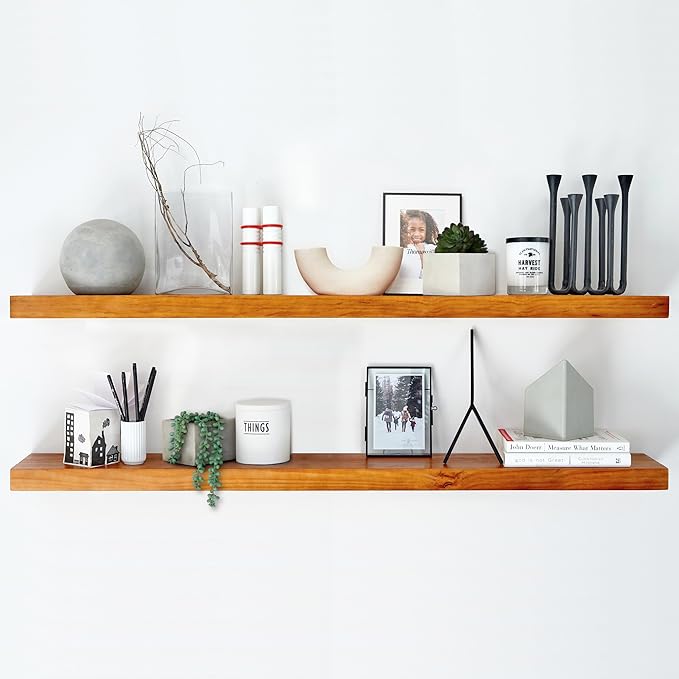 Homeforia 48 inch Oak Floating Shelf, High End Solid Real Wood 48inch Floating Shelves for Wall Mounted, Honey Oak Wooden 48in Large Floating Shelves, Heavy Duty Bracket, 48 X 6.5 X 1.75 in, Set of 2