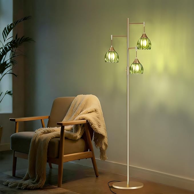 Dimmable Floor Lamp for Living Room, Bedroom, Gold Standing Lamp with 3pcs 6W Bulbs, Vintage Brass Floor Lamps for Corner, Nursery (Green Tulip)