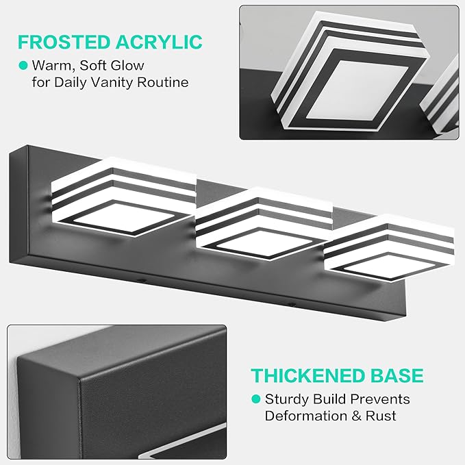 SOLFART LED Bathroom Vanity Light Fixtures： 3 Light Matte Black Modern Acrylic Bathroom Wall Lighting Fixtures Over Mirror Cool White 6000K