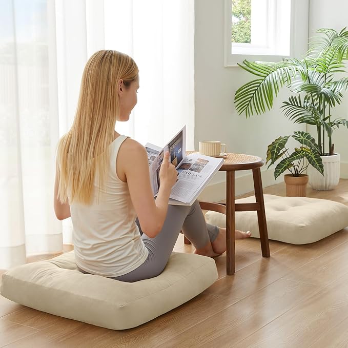 Meditation Floor Pillow Set of 1, Square Large Pillows Seating for Adults, Meditation Cushion Pillow,Tufted Corduroy Cushion for Tatami Living Room or Yoga, Beige, 22x22 Inch