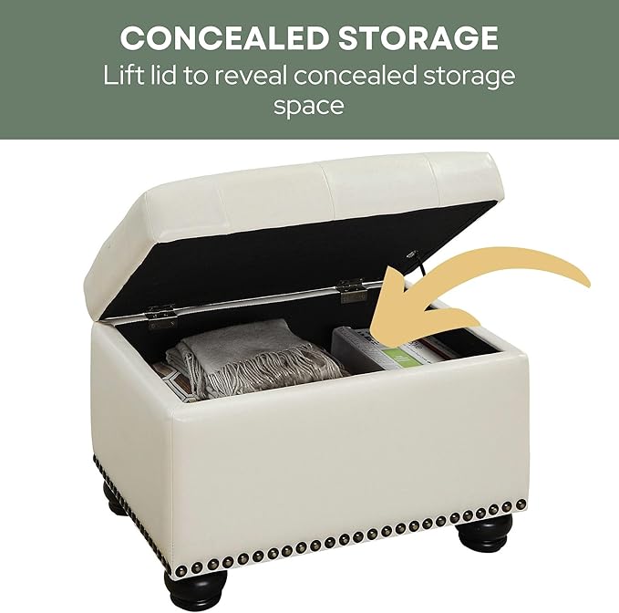 Convenience Concepts Designs4Comfort 5th Avenue Upholstered Storage Ottoman 24" - Contemporary Foot Stool and Seat with Hinged Lid for Living Room, Dining Room, Office, Den, Ivory Faux Leather