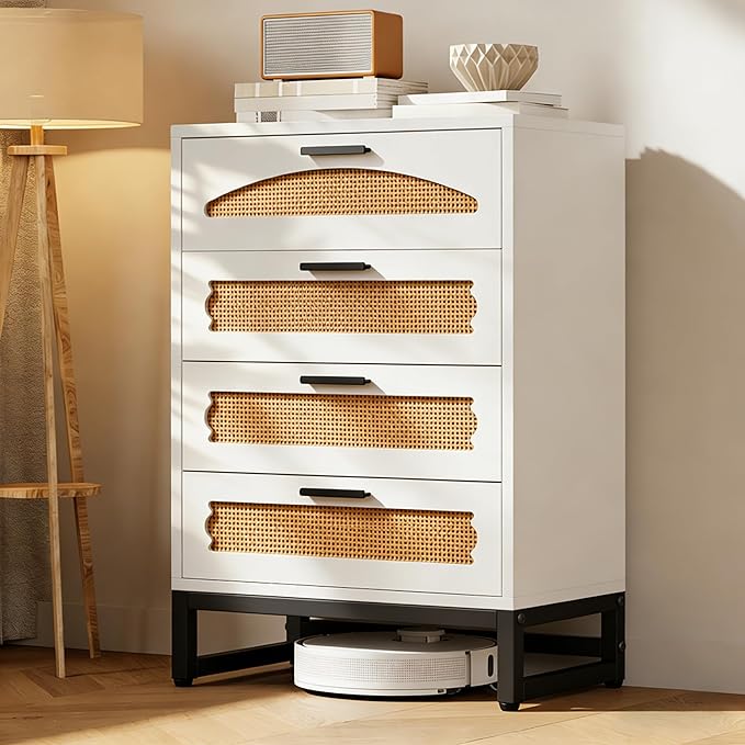 Mericonia 4 Drawer Rattan Dresser for Bedroom, Wood Tall Dresser for Closet with Metal Handles, Boho Nightstand Sets, Dressers & Chests of Drawers for Bedroom, Hallway and Entryway, White