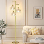 Gold Floor Lamp for Living Room,Bedroom,Mid Century Modern Standing Lamp Brass Tree 3 Light Tall Floor Lamps Vintage Retro Floor Lights Glass Amber Flower Lamp Shade Farmhouse Boho Bohemian