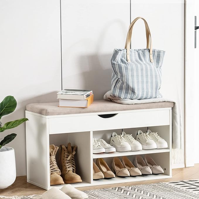 Apicizon 39 Inches Storage Bench, Shoe Bench with Flip Top Storage Space and Padded Cushion, Wooden Entryway Bench for Entryway, Living Room, 2-Tier Shoe Rack Organizer, White