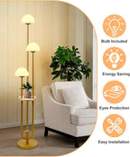 Lightdot Gold Dimmable Floor Lamp with Table, Modern Floor Lamps for Living Room, 3000K Warm Lights Tall Standing Lamp with Mushroom Shades & Bulbs Included for Bedroom/Sofa Beside/Corner Decor