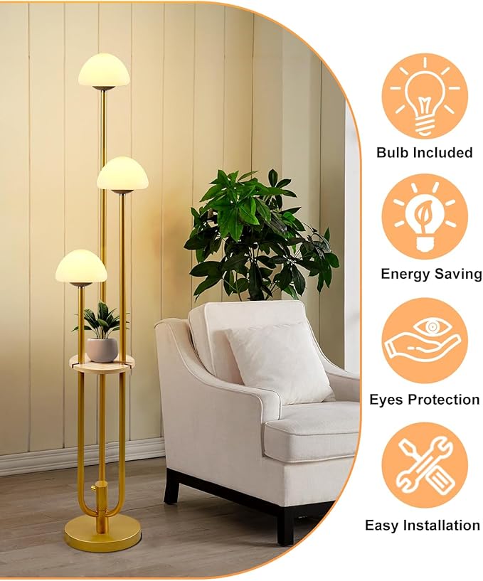 Lightdot Gold Dimmable Floor Lamp with Table, Modern Floor Lamps for Living Room, 3000K Warm Lights Tall Standing Lamp with Mushroom Shades & Bulbs Included for Bedroom/Sofa Beside/Corner Decor