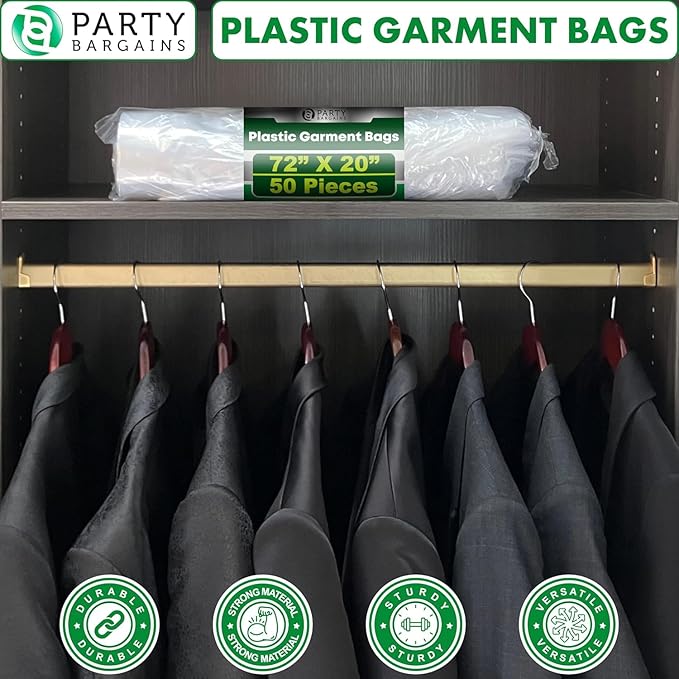 Party Bargains 72x20 Inch Clear Plastic Garment Bags, 50 Pack
