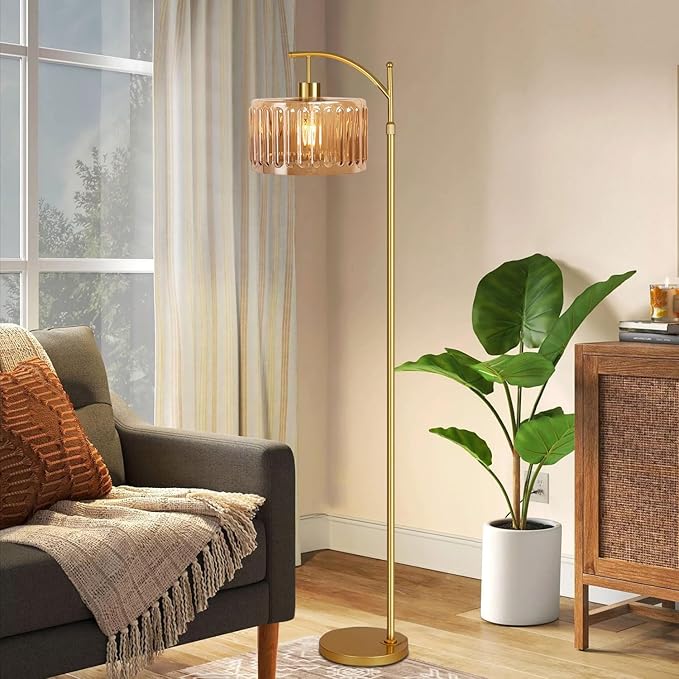 Glass Floor Lamp for Living Room,Bedroom,Gold Dimmable Standing Lamp with Remote,Mid Century Modern Brass Tall Lamp Boho Vintage Retro Floor Lamps Arc Amber Flower Floor Light Lamp Bohemian
