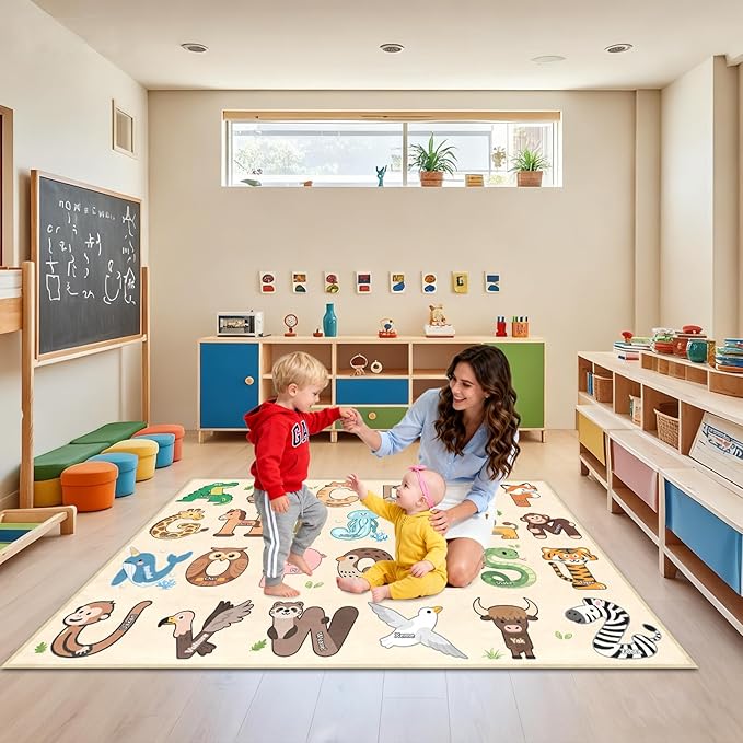 ABC Rugs for Kids Playroom - 4.5x6 Feet Alphabet Rug Kids Play Carpet Preschool Learning Animals, Educational Rug for Children Toddler Bedroom Nursery Kindergarten Decor, Beige