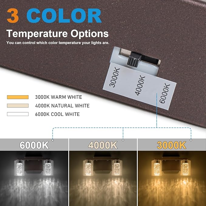 SineRise 2-Light Bronze Vanity Light with 3 Color Modes (3000K/4000K/6000K), Eye Protection LED Bathroom Light Fixture, Dimmable Modern Wall Light Over Mirror with Clear Glass Shade