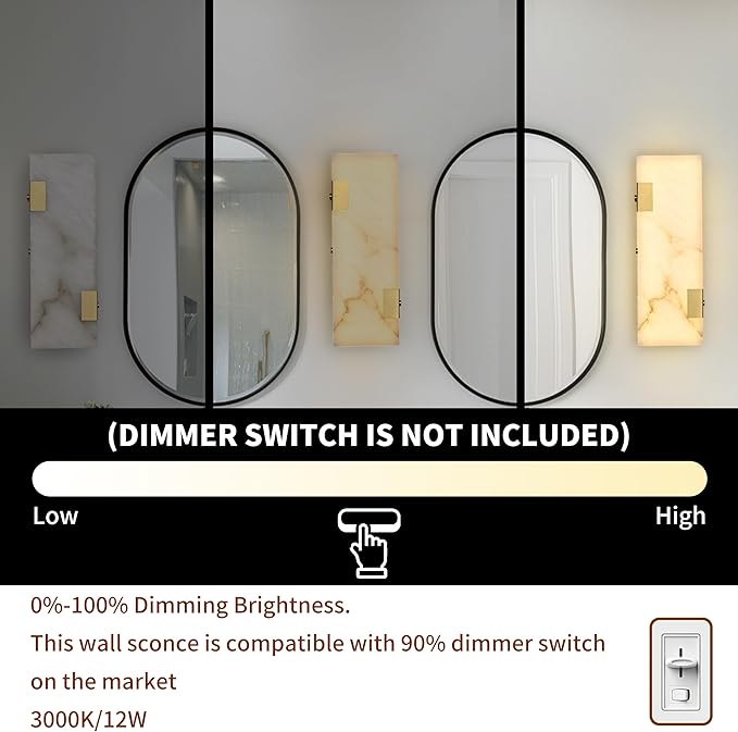 Modern Brass and Alabaster Wall Sconce 14.17in with Spanish Marble and an Elegant Dimmable LED (3000K Warm Light) for Bedroom Living Room Hallway Bathroom
