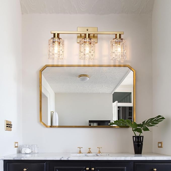 3 Light Brushed Gold Bathroom Vanity Light Over Mirror, Modern Vanity Lighting with Crystal Glass Shade, Wall Mount Bathroom Light Fixtures, E26 Base