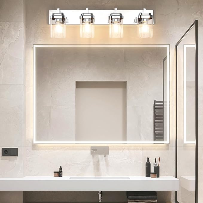 Vanity Light Fixture,4-Light Vanity Light for Bathroom,Chrome Bathroom Vanity Lighting Over Mirror with Square Clear Glass Shade for Restroom