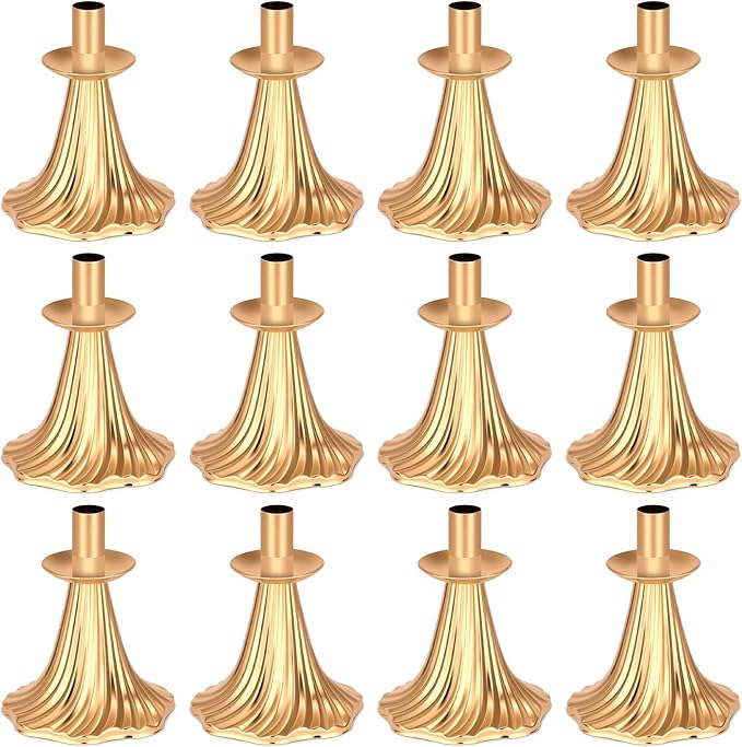 Taper Candle Holders Set of 12 - Victorian Style Gold Vintage Modern Decor, Table Mantel Centerpiece for Wedding Housewarming