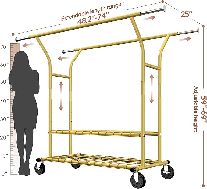 Raybee 74" W Heavy Duty Clothes Rack, Double Rods Gold Clothing Rack Load 630 LBS, Rolling Clothes Racks for Hanging Clothes 400+, Garment Rack with shelves for Bedroom, Laundry Room, Retail Store