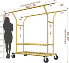 Raybee 74" W Heavy Duty Clothes Rack, Double Rods Gold Clothing Rack Load 630 LBS, Rolling Clothes Racks for Hanging Clothes 400+, Garment Rack with shelves for Bedroom, Laundry Room, Retail Store