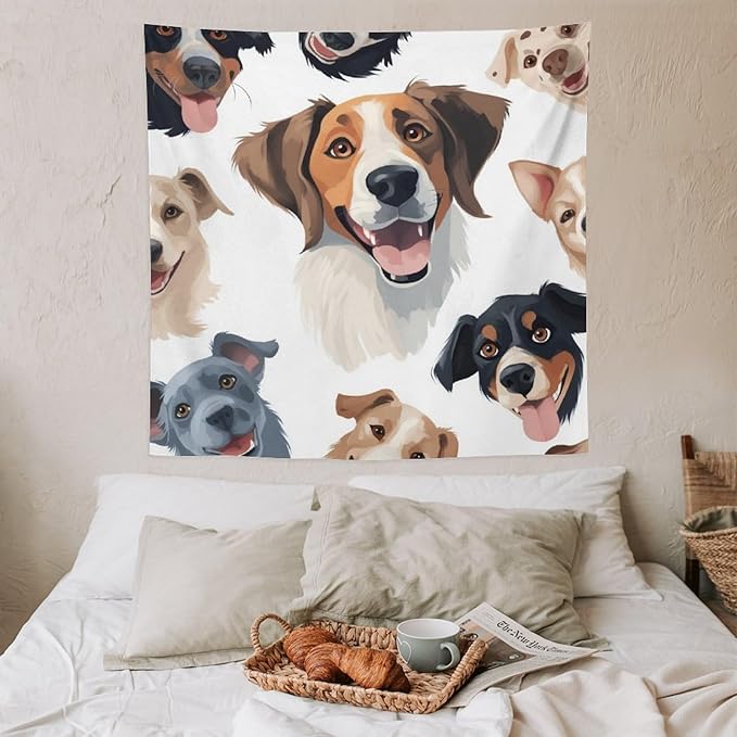VUMIVI Cartoon Dog Tapestry Black & White Pet Dog Heads Cute Illustration Modern Creative Design Tapestry Wall Hanging for Living Room Bedroom Dorm Classroom Aesthetic Decor W60xL60in