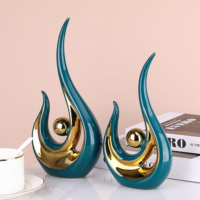 XMGZQ Teal Home Decor,Green and Gold Couple Sculpture,Green Ceramic Statues,Teal Modern Abstract Art Ceramic Statue, Decoration for Living Room, Coffee Table Centerpiece Great Gift Idea