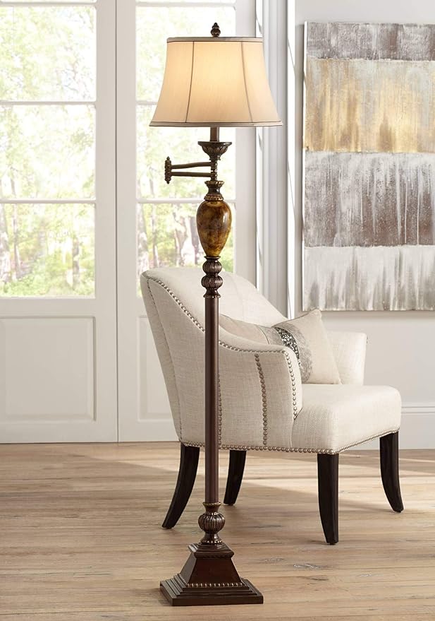 Kathy Ireland Mulholland Rustic Vintage Swing Arm Floor Lamp Standing 61" Tall Bronze Marble Font Ivory Faux Silk Drum Shade Decor for Living Room Reading House Bedroom Home Family Office