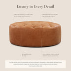 POLY & BARK Ascot Ottoman – 40" Round Pouf with Feather-Down Topper – Full-Grain Leather Upholstered Pouf Ottoman for Living Room – Vintage Italian Leather in Cognac Tan