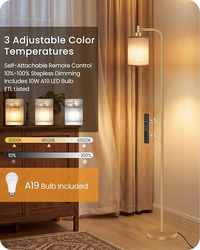 Dimmable Floor Lamp for Living Room with Remote and Foot Switch, Modern Standing, Corner Lamp,10W Bulb 3 Color Temperatures, for Bedroom, Office, Corner, ETL Listed, Gold and Beige DE19LD05