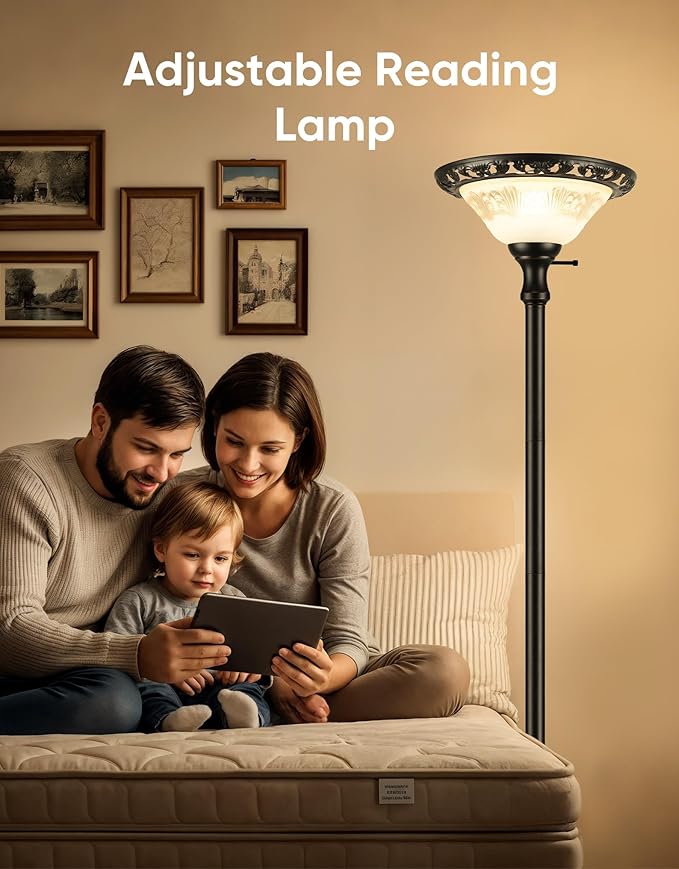 PARTPHONER Torchiere Floor Lamps for Living Room, 71" Tall Standing Lamp with Thick Glass Shade, Metal Pole & Heavy Base, Vintage Corner Lamp Decor for Home Bedroom Office, 3CCT Bulb Included