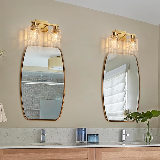 2 Light Brushed Gold Bathroom Vanity Light Over Mirror, Modern Vanity Lighting with Crystal Glass Shade, Wall Mount Bathroom Light Fixtures, E26 Base