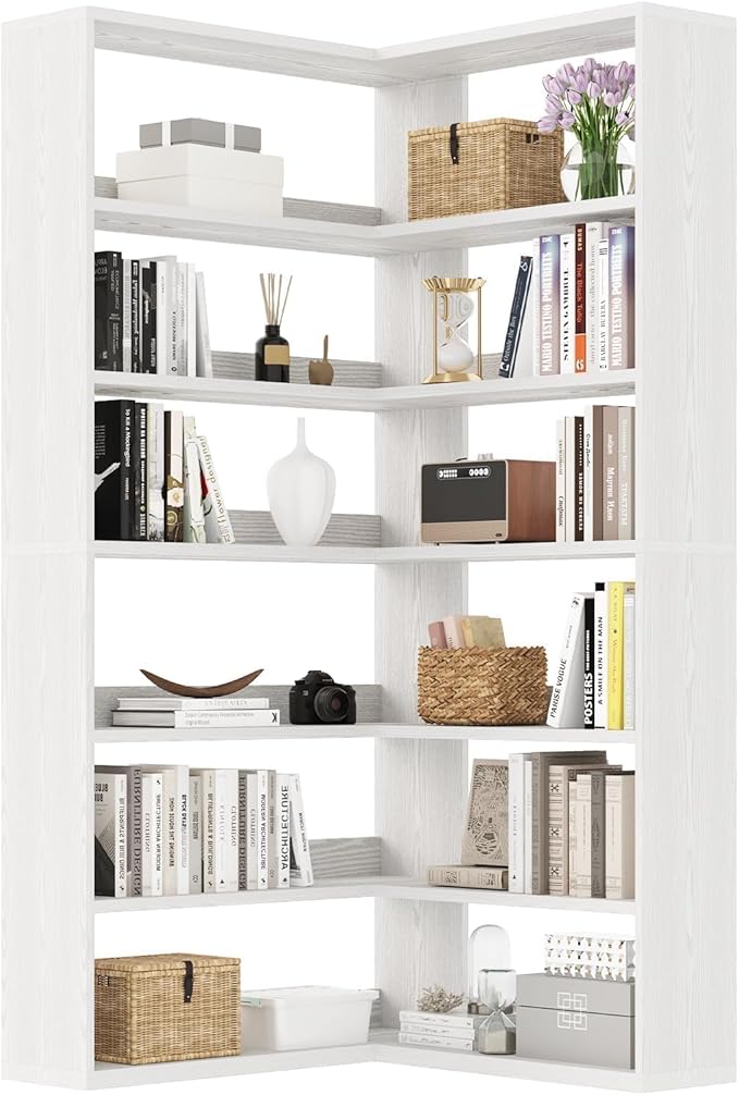 4 EVER WINNER Corner Book Shelf with LED Lights, 71” Corner Bookshelf for Living Room, Study Room, Wooden Storage Display Industrial l Shaped Bookshelf, White