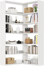 4 EVER WINNER Corner Book Shelf with LED Lights, 71” Corner Bookshelf for Living Room, Study Room, Wooden Storage Display Industrial l Shaped Bookshelf, White