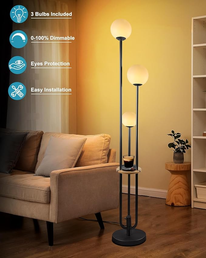 Lightdot Full Dimmable Floor Lamp for Living Room 3-Globe Standing Lamp with Table Candle Holder Style Black Tall Lamps for Bedroom/Sofa Beside/Corner Decor with 3000K Soft Warmwhite Bulbs Included