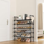 5 Tier Shoe Rack for Closet Shoe Organizer with 5 Hooks, Long Shoe Shelf Storage for Shoe and Boot Stackable Free Standing Shoe Rack for Entryway, Garage, Small Spaces, Dorm, Black