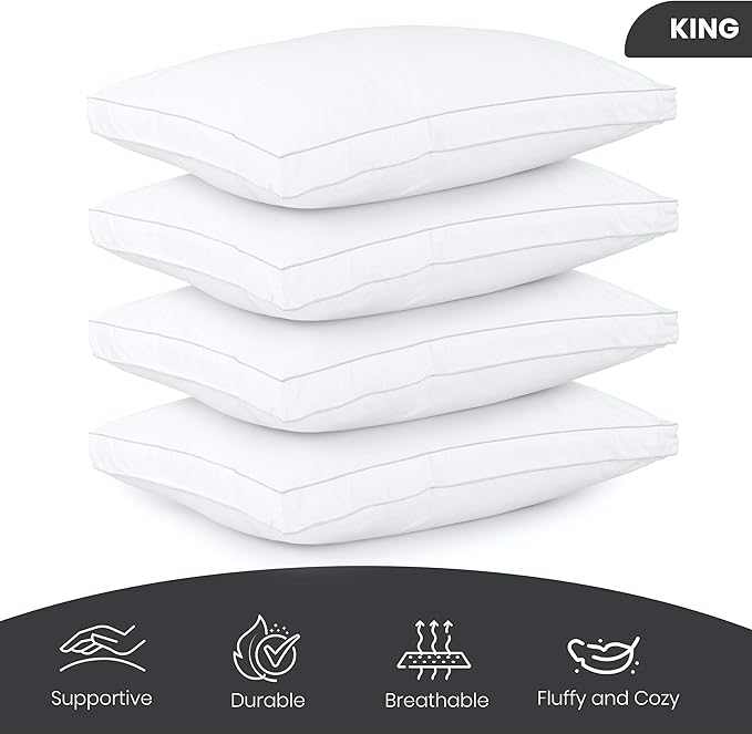 Utopia Bedding Bed Pillows for Sleeping King Size (White), Set of 4, Soft & Fluffy Pillow with Down Alternative Filling, Cooling, Hotel Quality, Gusseted Pillow for Back, Stomach or Side Sleepers