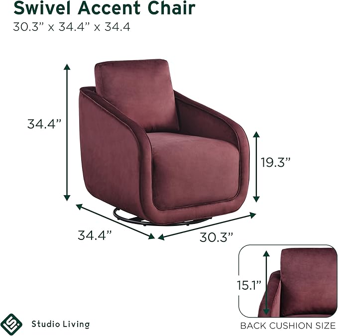 Studio Living® Lydia 35.3" Swivel Accent Chair, Modern Boho, Fully Assembled, Pocket Coil Comfort, Round Swivel Base Leg, Soft Velvet Fabric, Plum
