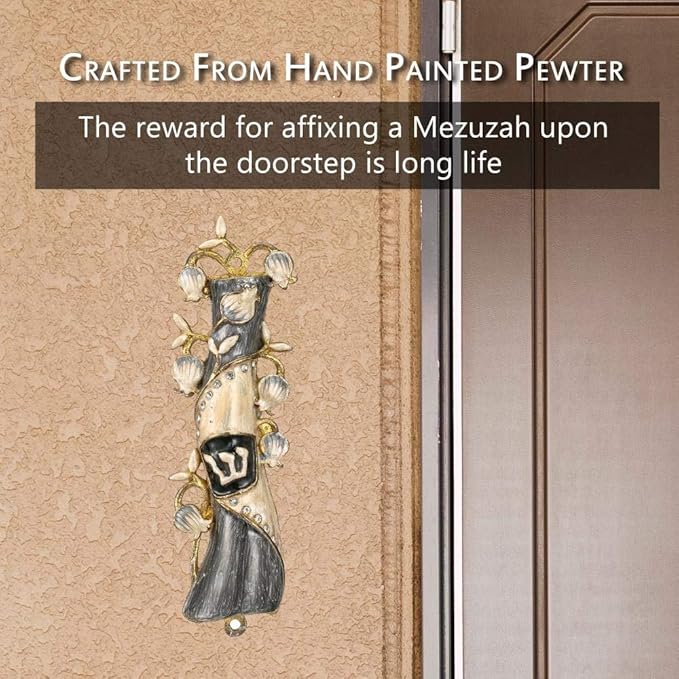 Matashi Hand Painted Mezuzah Gold Plated and Crystals (Grey & White Enamel)