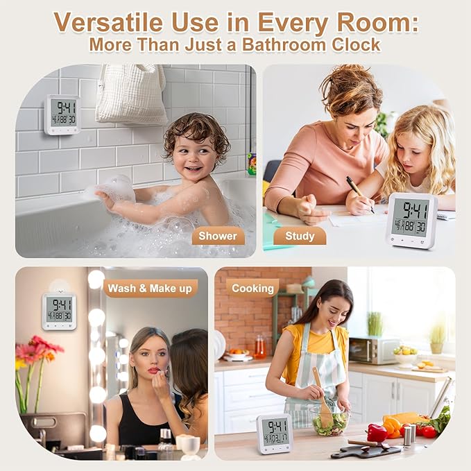 Waterproof Shower Clock with Timer, Bathroom Wall Clock Displaying Temperature, Date & Day, Battery Operated LCD Digital Clock for Bath, Kitchen (White)