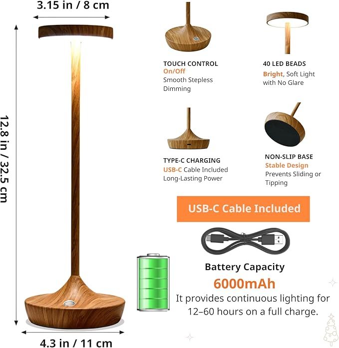 Cordless Table Lamp Rechargeable - 6000mAh LED Battery Operated Table Light - Portable Touch Dimmable Outdoor Waterproof Table Lamps for Patio Bar Restaurant Dining (Bamboo Pattern)