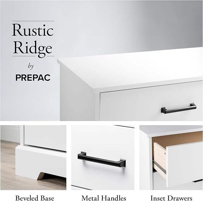 Prepac Rustic Ridge Farmhouse 6-Drawer Double Dresser, White Dresser for Bedroom, Chest of Drawers with 6 Storage Drawers, 53.25” wide x 18.25” deep x 28.5” tall, White