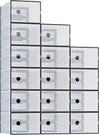 DUMOS Clear Shoe Storage Boxes, 15-Pack Plastic Stackable Shoe Containers with Lids, Display Sneaker Case Organizer for Closet, Under Bed, Entryway,Black (Fit Size 11)