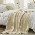 Amélie Home Chevron Chenille Knit Throw Blanket for Couch, Cozy Texture Decorative Soft Blanket for Sofa & Chair, 50"x60", Beige