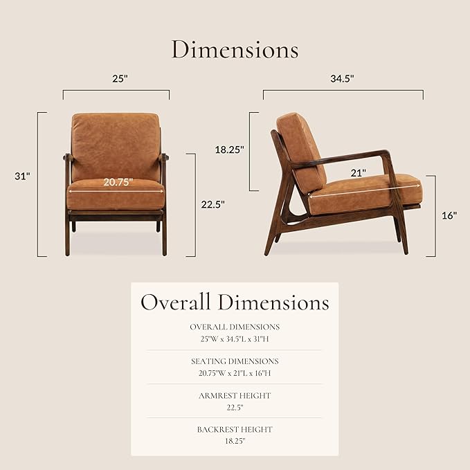 Poly & BARK Verity Leather Accent Chair – Armchair with Walnut Wood Frame – Fashion-Forward Lounge Seating for Living Room – Upholstered in Cognac Tan Leather for Modern Style