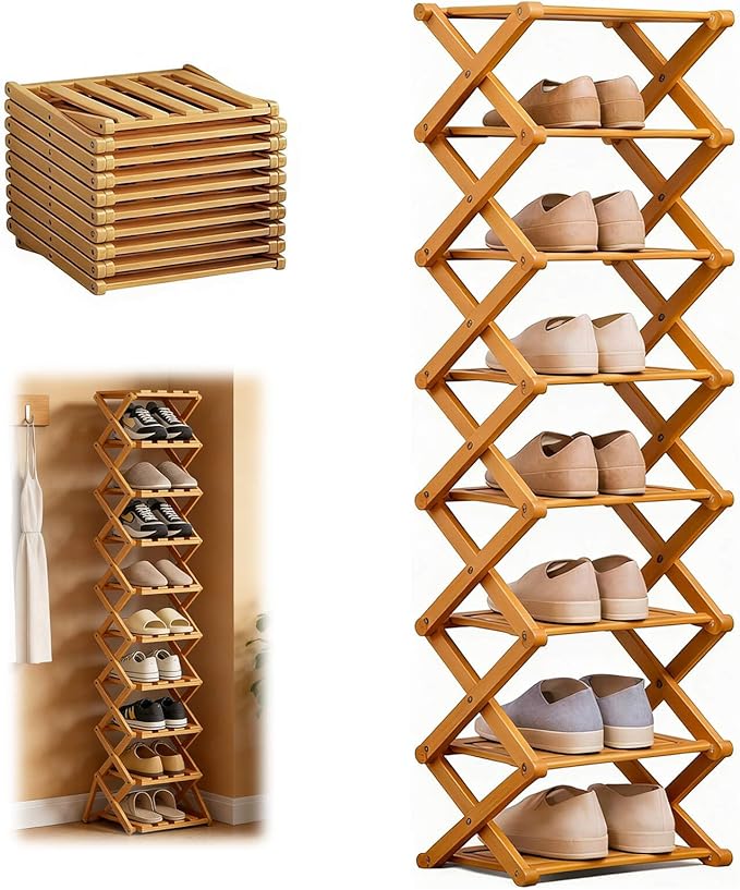 9 Tier Bamboo Shoe Rack, Heavy Duty Foldable Shelf Needing No Setup | Versatile Space-Saving & Sturdy Collapsible Bamboo Shoe Rack Organizer for Closet, Entryway, Over-Door, Dorm or Bedroom Use